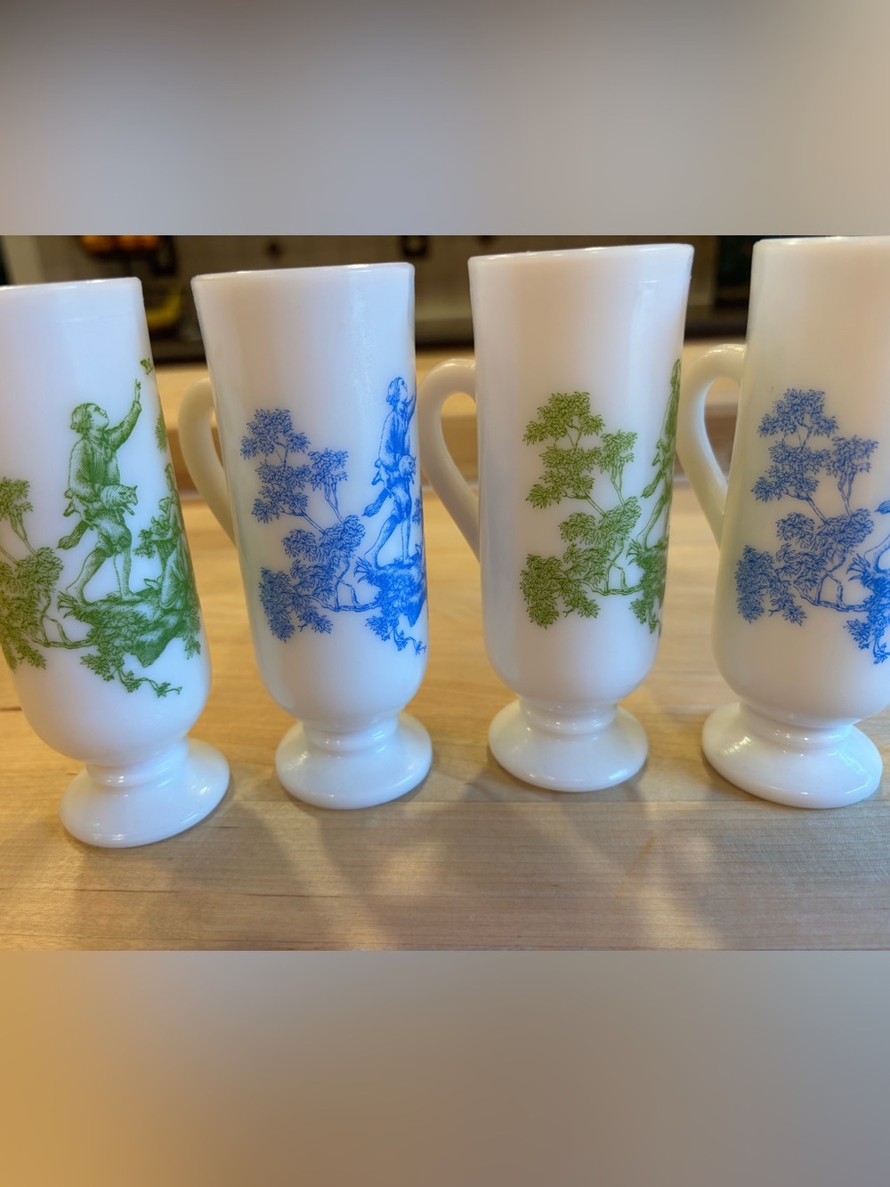 Vintage White Milk Glass Pedestal Mugs with Blue and Green Botanical Transfer